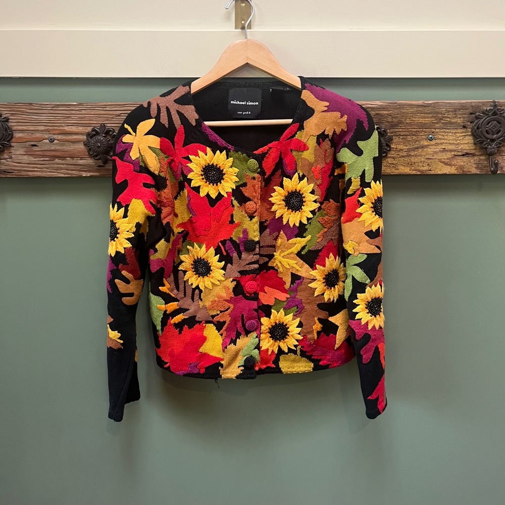 Michael Simon Vintage 1998 Sunflower Fall Leaf Beaded Cardigan Sweater Womens S